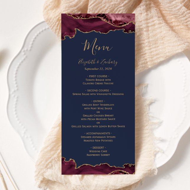 Elegant Burgundy Gold Agate Navy Blue Wedding Menu (Creator Uploaded)