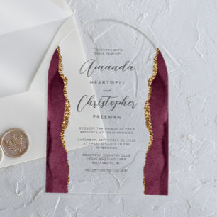 Elegant Burgundy Gold Agate Script Arch Wedding Acrylic Invitations