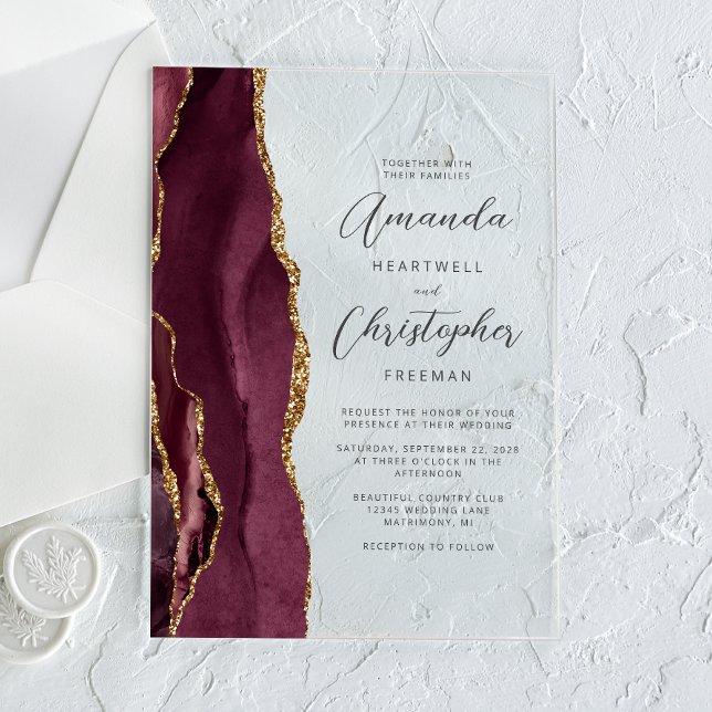 Elegant Burgundy Gold Agate Script Wedding Acrylic Invitations (Creator Uploaded)
