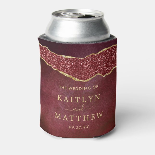 Elegant Burgundy & Gold Agate Wedding Can Cooler (Can Back)