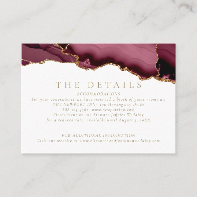Elegant Burgundy Gold Agate Wedding Details Enclosure Card (Front)