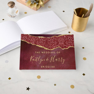 Elegant Burgundy & Gold Agate Wedding Guest Book