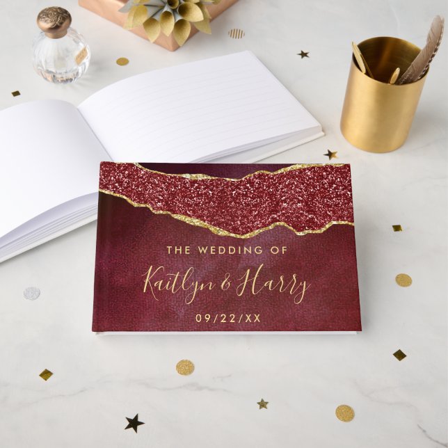 Elegant Burgundy & Gold Agate Wedding Guest Book (Front Open)