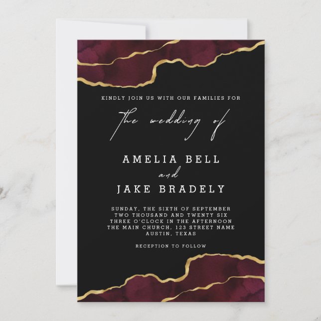 Elegant Burgundy Gold Agate Wedding Invitation (Front)