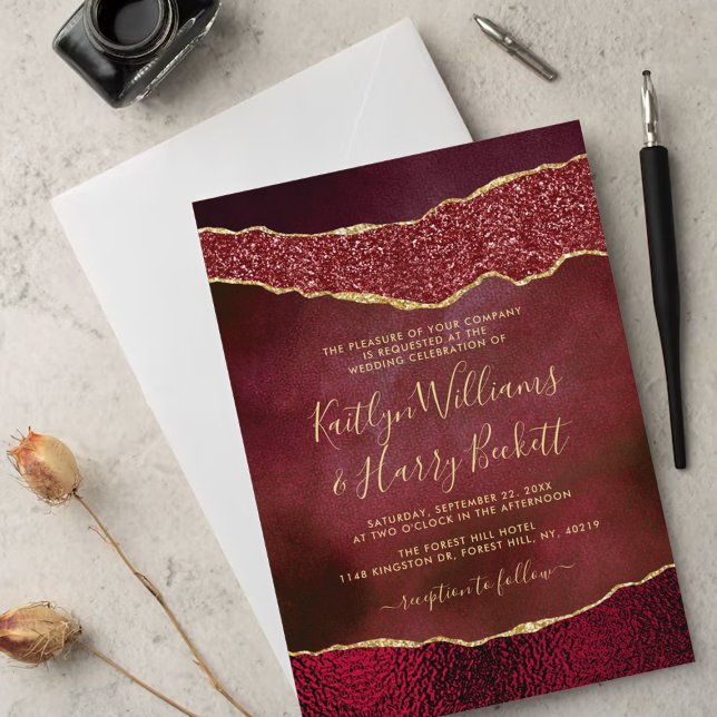 Elegant Burgundy & Gold Agate Wedding Invitation (Creator Uploaded)