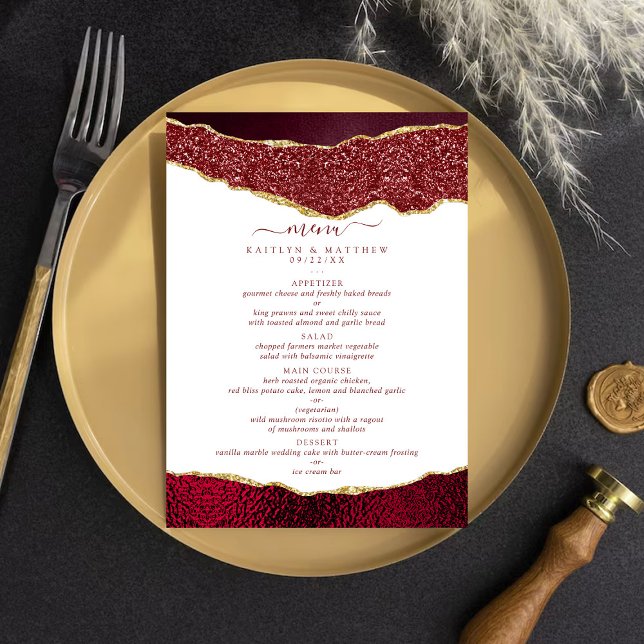 Elegant Burgundy & Gold Agate Wedding Menu (Creator Uploaded)