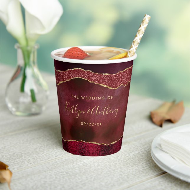Elegant Burgundy & Gold Agate Wedding Paper Cups (Insitu)