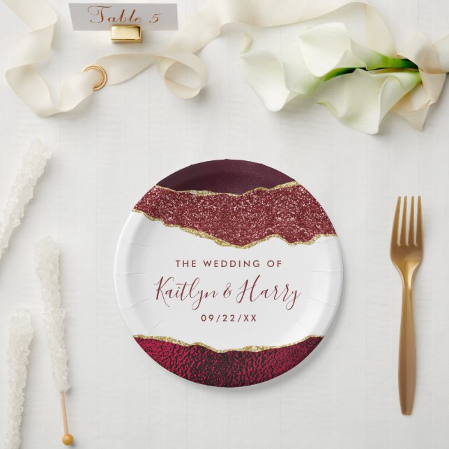 Elegant Burgundy & Gold Agate Wedding Paper Plate (Wedding)