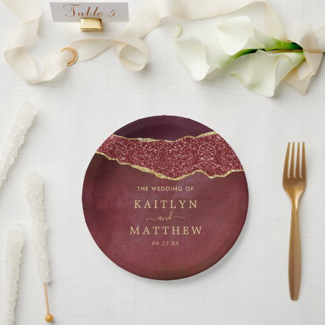 Elegant Burgundy & Gold Agate Wedding Paper Plate (Wedding)