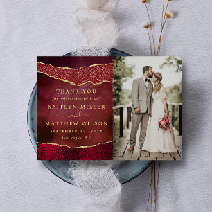 Elegant Burgundy & Gold Agate Wedding Photo Thank You Card