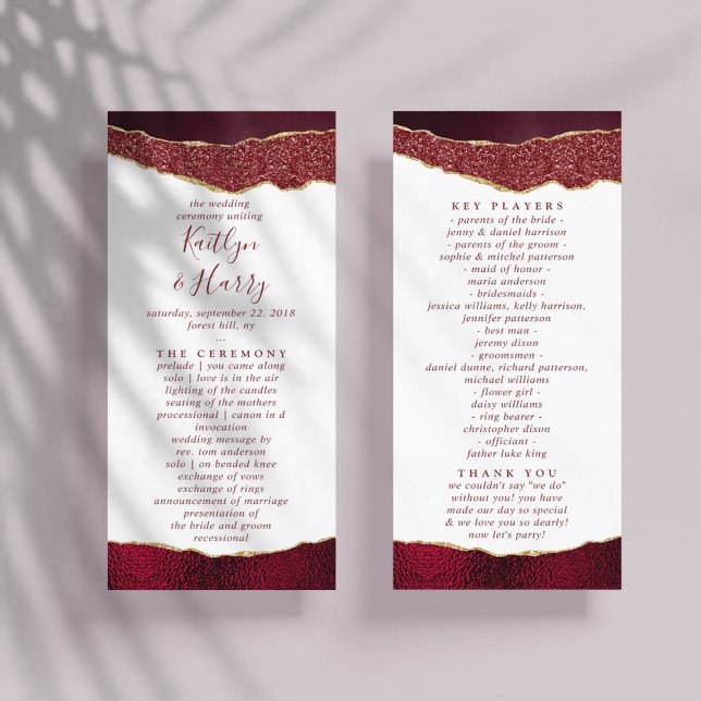 Elegant Burgundy & Gold Agate Wedding Program Rack Card (Creator Uploaded)