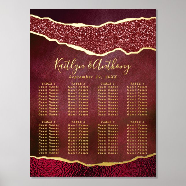 Elegant Burgundy & Gold Agate Wedding Seating Foil Prints (Front)