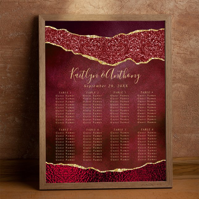 Elegant Burgundy & Gold Agate Wedding Seating Plan Poster (Creator Uploaded)