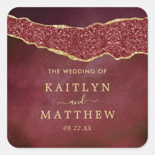 Elegant Burgundy & Gold Agate Wedding Square Sticker