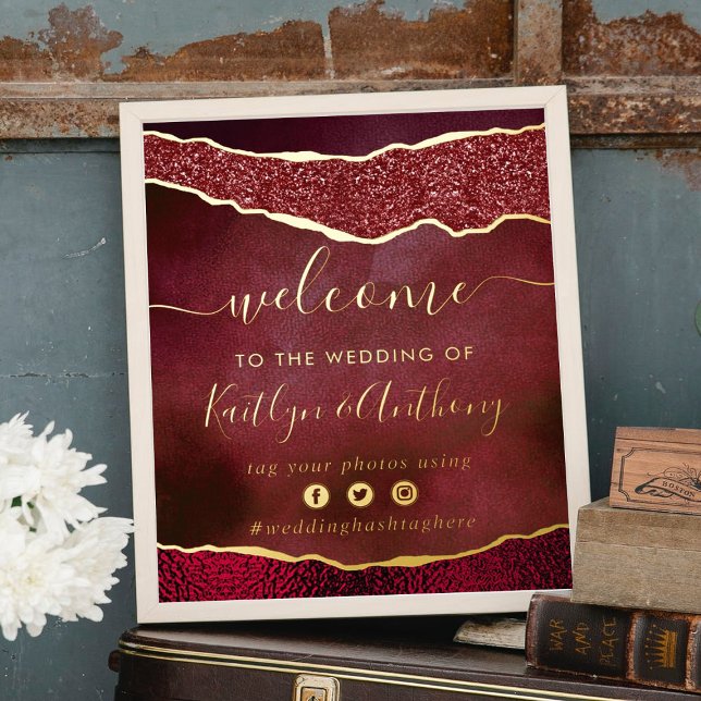 Elegant Burgundy & Gold Agate Wedding Welcome Foil Prints (Creator Uploaded)