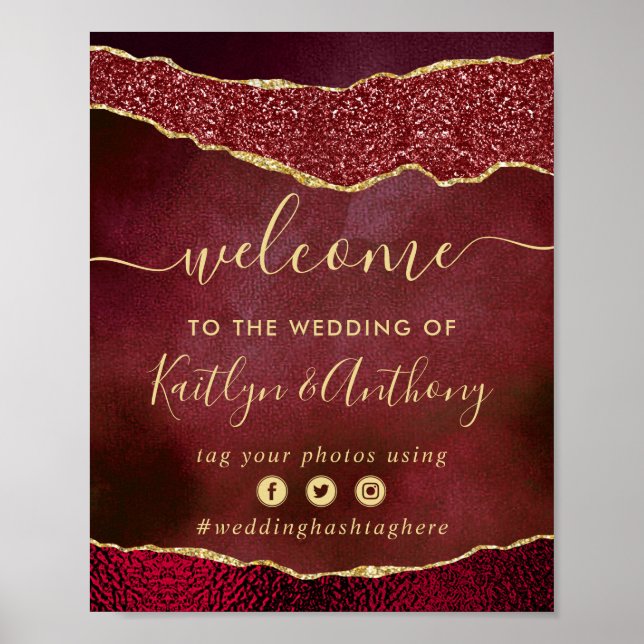 Elegant Burgundy & Gold Agate Wedding Welcome Poster (Front)