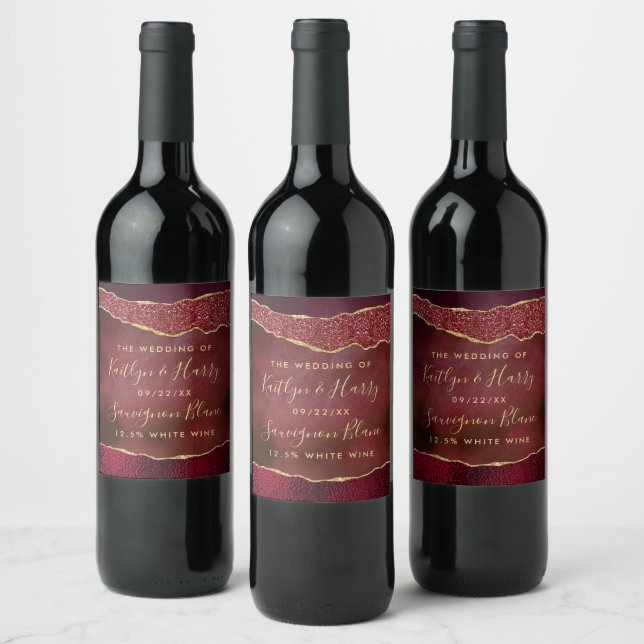 Elegant Burgundy & Gold Agate Wedding Wine Label (Bottles)
