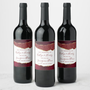Elegant Burgundy & Gold Agate Wedding Wine Label
