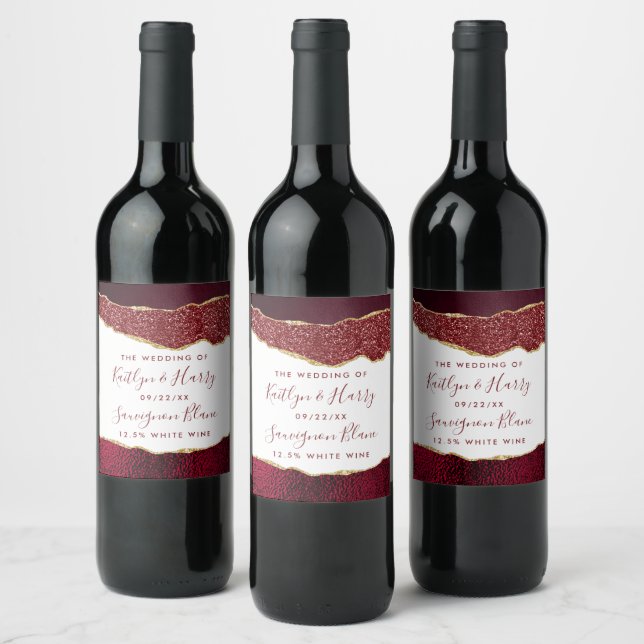 Elegant Burgundy & Gold Agate Wedding Wine Label (Bottles)