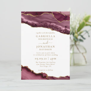 Elegant Burgundy Gold Agate White Wedding  Invitation