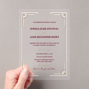 Elegant Burgundy Gold Art Deco Wedding Black Tie Acrylic Invitations