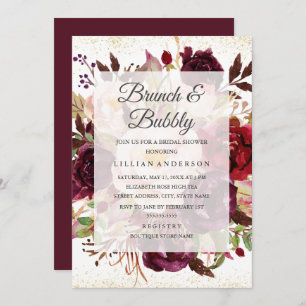Elegant Burgundy Gold Bloom Brunch And Bubbly Invitation