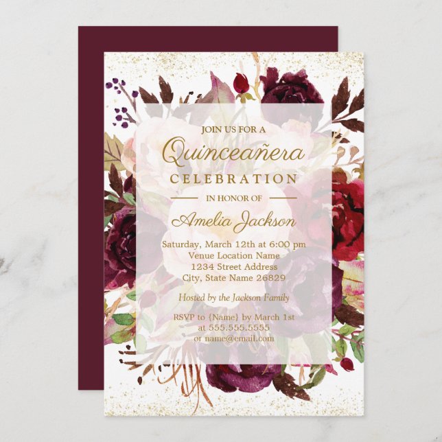 Elegant Burgundy Gold Bloom Quinceanera Birthday Invitation (Front/Back)