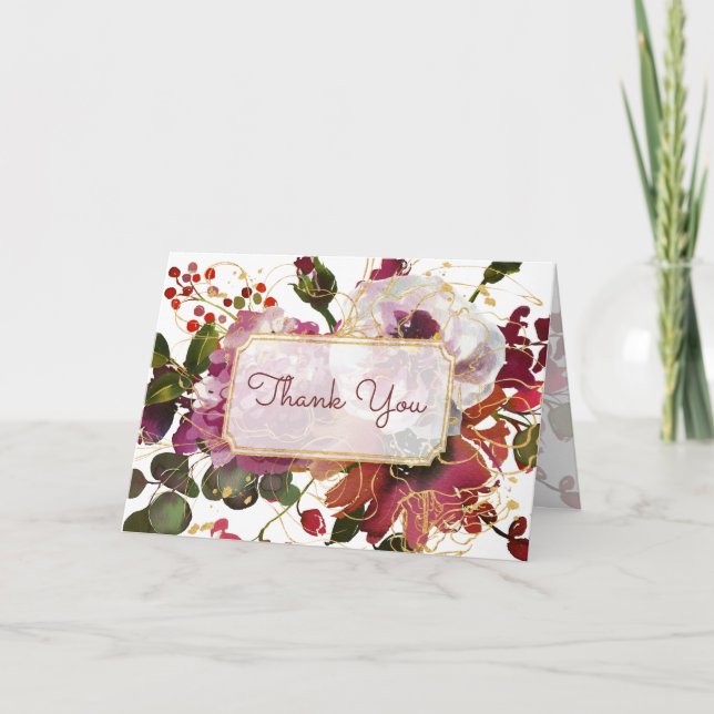 Elegant Burgundy Gold Blush Pink Floral Thank You Card (Front)