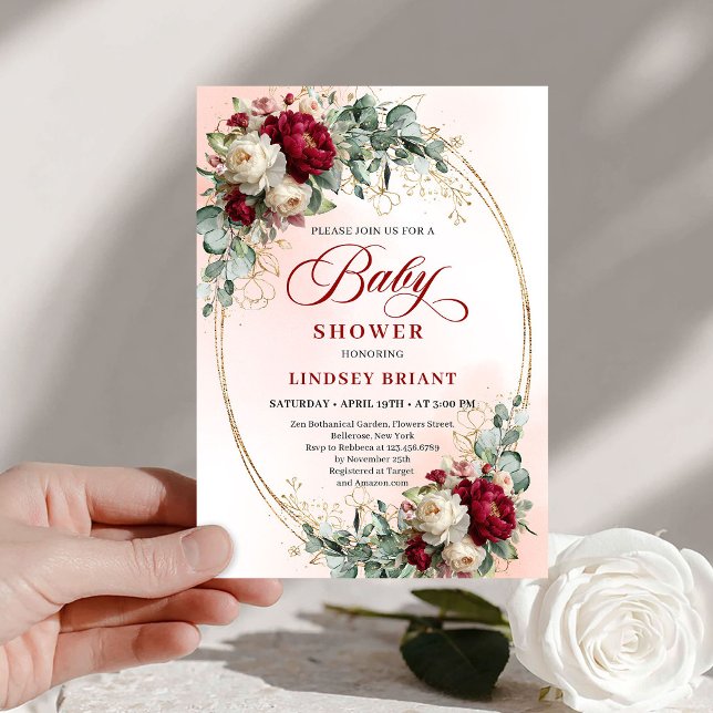 Elegant Burgundy Gold Boho Baby Shower Invitation (Elegant Burgundy Gold Boho Baby Shower Invitation)