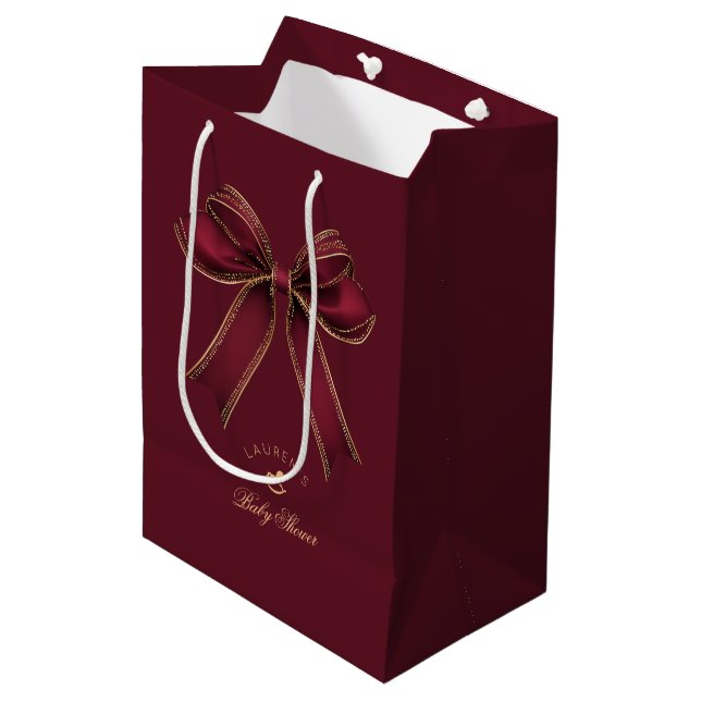 Elegant Burgundy Gold Bow Luxury Baby Shower Medium Gift Bag (Front Angled)