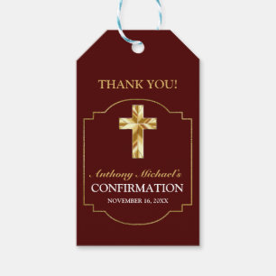 Elegant Burgundy Gold Boys Confirmation Gift Tags