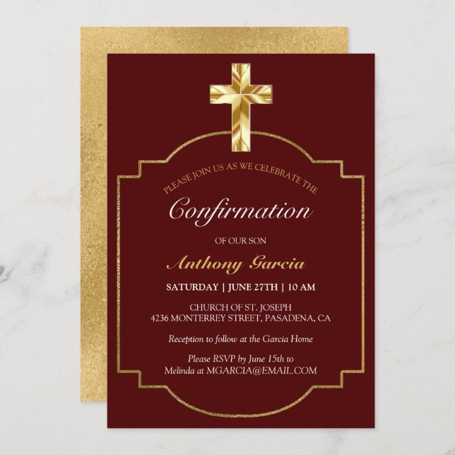 Elegant Burgundy Gold Boys Confirmation Invitation (Front/Back)