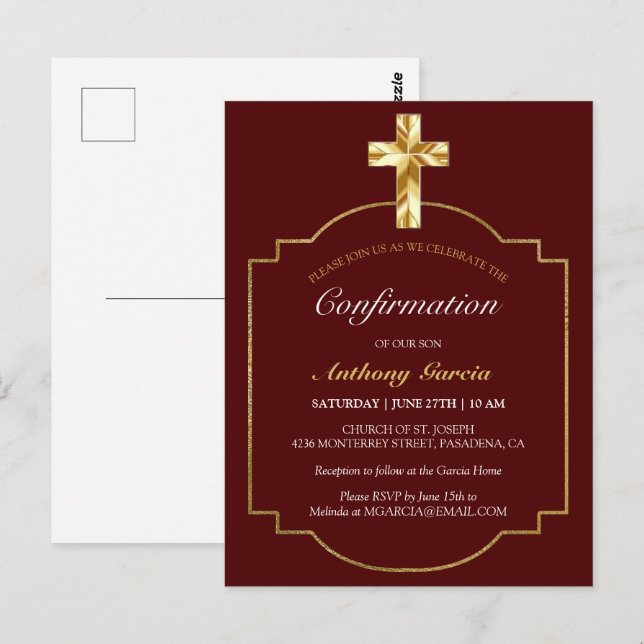 Elegant Burgundy Gold Boys Confirmation Invitation Postcard (Front/Back)