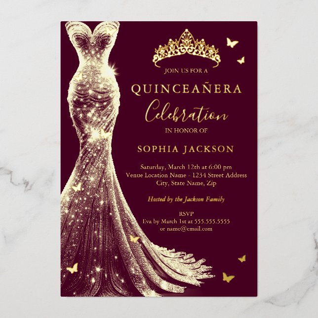 Elegant Burgundy Gold Butterfly Quinceanera (Front)