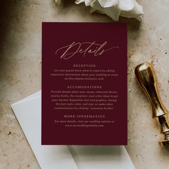Elegant Burgundy Gold Calligraphy Wedding Details RSVP Card (Creator Uploaded)