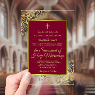 Elegant Burgundy & Gold Catholic Wedding Acrylic Invitations