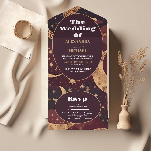 Elegant Burgundy Gold Celestial Wedding All In One Invitation (Creator Uploaded)