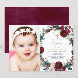 Elegant burgundy gold Christmas baptism photo Invitation