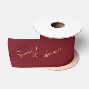 Elegant Burgundy Gold Christmas Tree Family Name Satin Ribbon