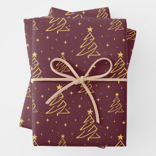 Elegant Burgundy Gold Christmas Tree Pattern Wrapping Paper Sheet