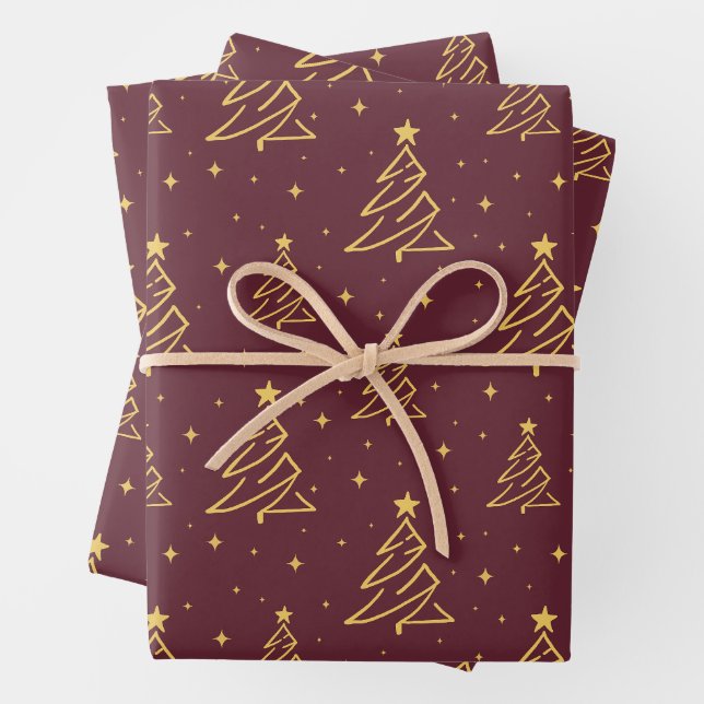 Elegant Burgundy Gold Christmas Tree Pattern Wrapping Paper Sheet (In situ)