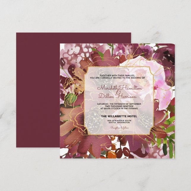 Elegant Burgundy Gold Coral Boho Floral Wedding Invitation (Front/Back)