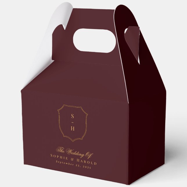 Elegant Burgundy & Gold Crest Monogram Wedding Favour Box (Front)