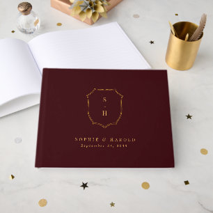 Elegant Burgundy & Gold Crest Monogram Wedding Guest Book