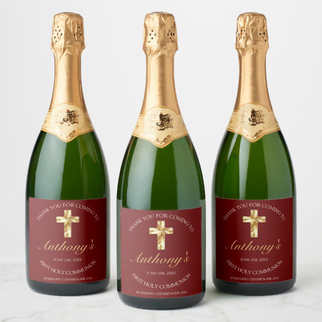 Elegant Burgundy Gold Cross 1st Communion  Sparkling Wine Label (Bottles)