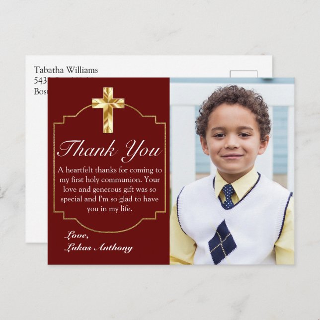 Elegant Burgundy Gold Cross 1st Communion Thank Yo Postcard (Front/Back)