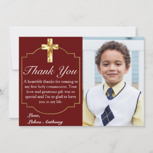 Elegant Burgundy Gold Cross 1st Communion Thank You Card