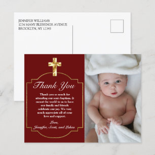 Elegant Burgundy Gold Cross Baptism Thank You Postcard
