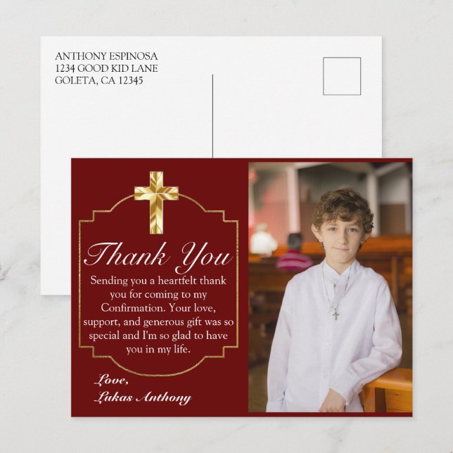 Elegant Burgundy Gold Cross Confirmation Photo  Postcard (Front/Back)