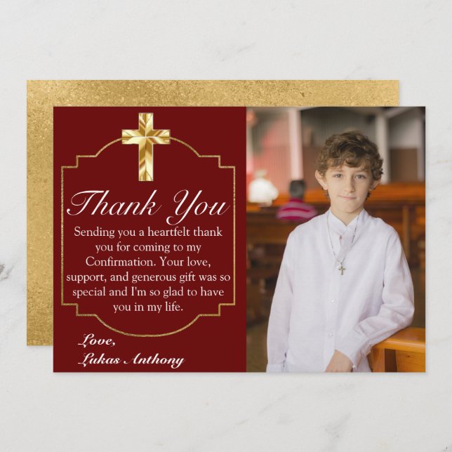 Elegant Burgundy Gold Cross Confirmation Photo Thank You Card (Front/Back)